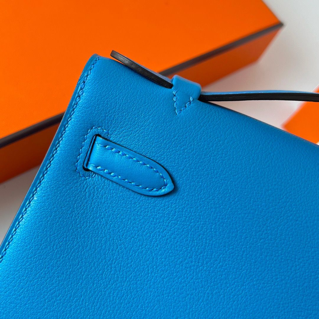 Hermes Kelly Pochette Handmade Bag In Blue Frida Swift Calfskin - Image 5