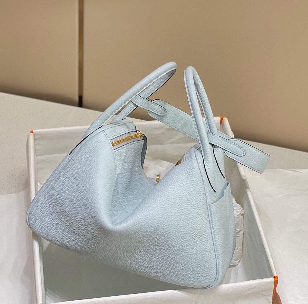 Hermes Lindy 26cm Bag In Blue Brume Clemence Leather GHW - Image 9
