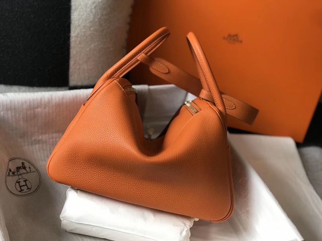 Hermes Lindy 30cm Bag In Orange Clemence Leather GHW - Image 3