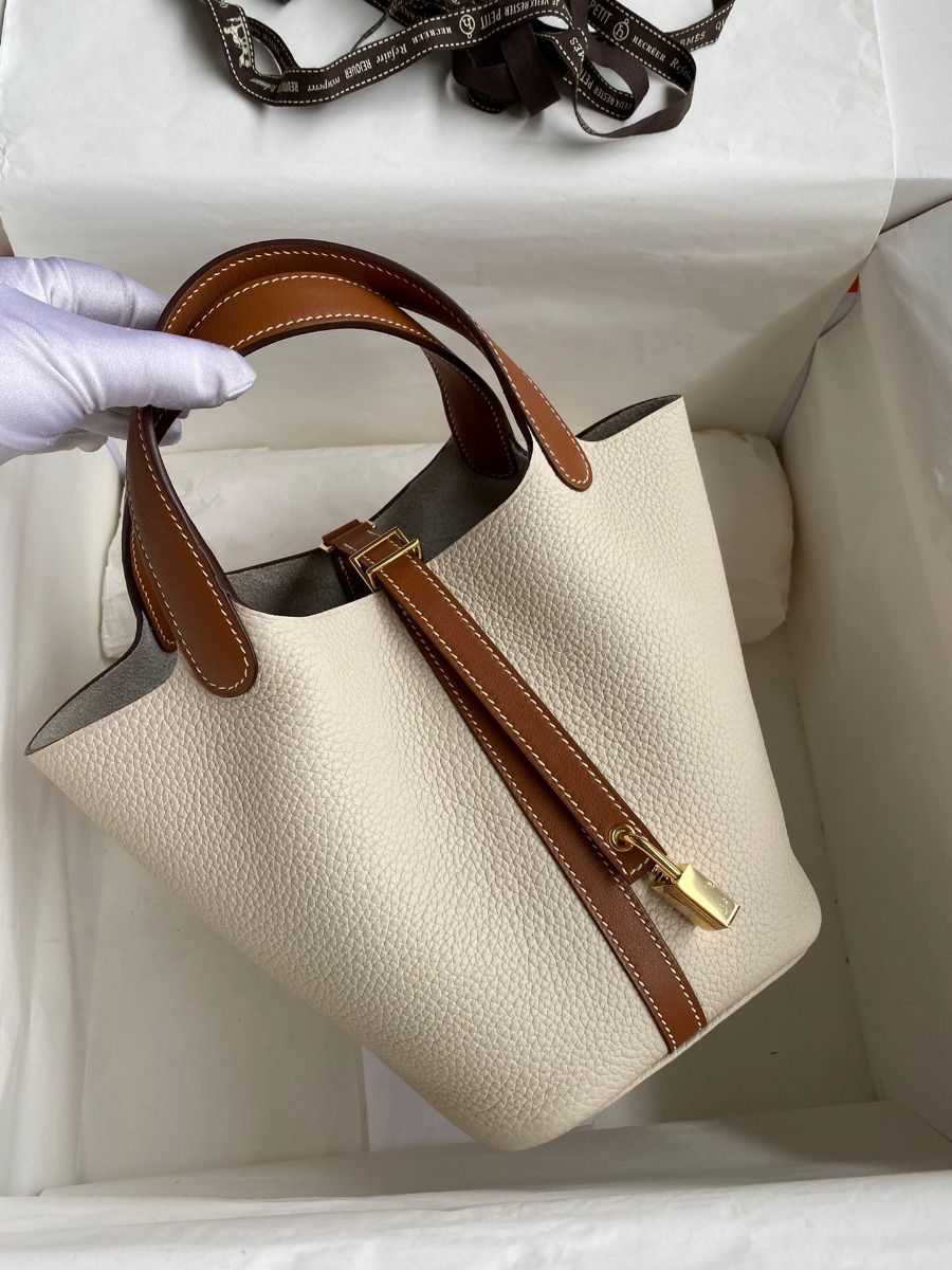 Hermes Picotin Lock 18 Bicolor Handmade Bag in Craie and Gold Clemence Leather - Image 3