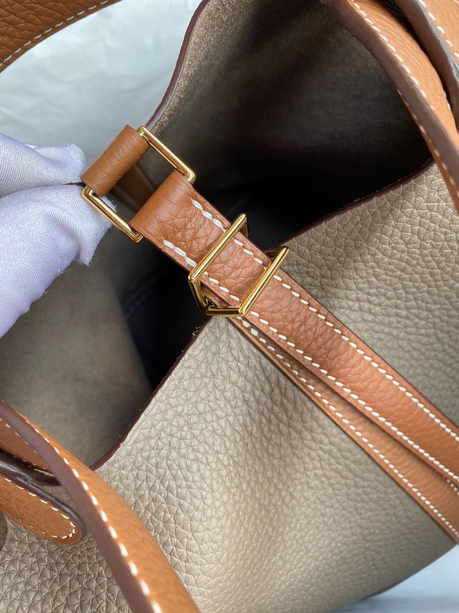 Hermes Picotin Lock 18 Bicolor Handmade Bag in Taupe and Gold Clemence Leather - Image 5