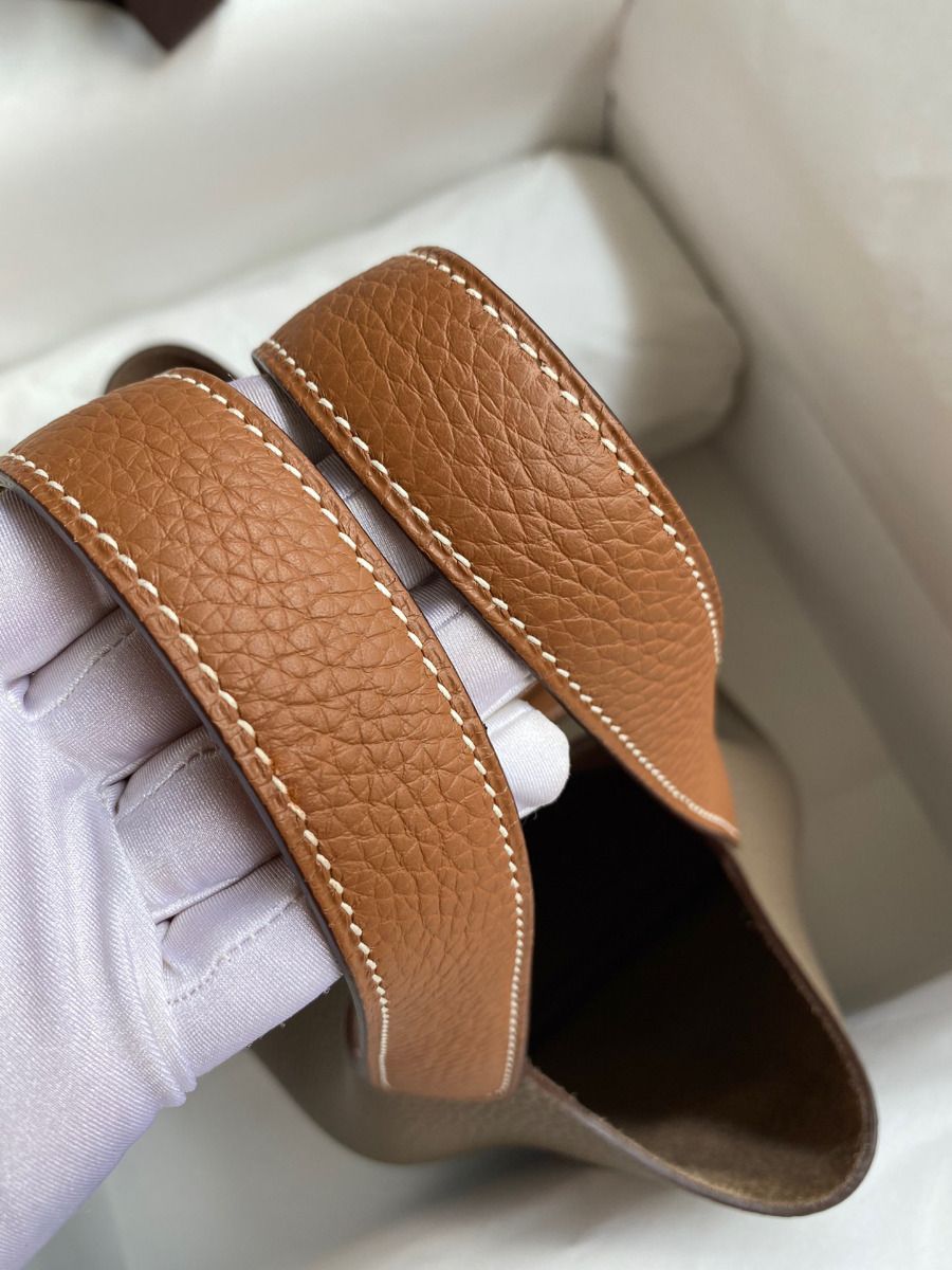 Hermes Picotin Lock 18 Bicolor Handmade Bag in Taupe and Gold Clemence Leather - Image 6