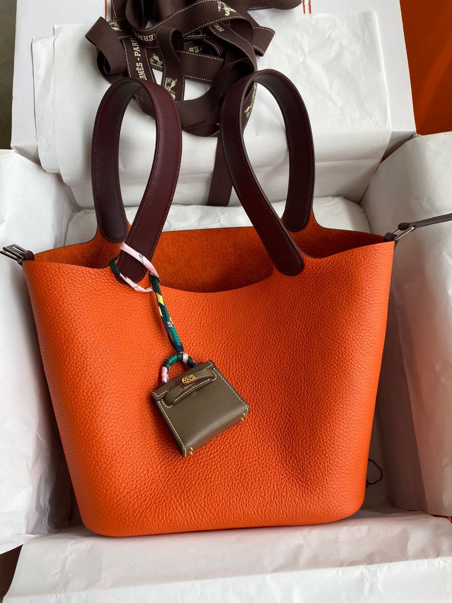 Hermes Picotin Lock 22 Bicolor Handmade Bag in Orange and Burgundy Swift Leather - Image 10