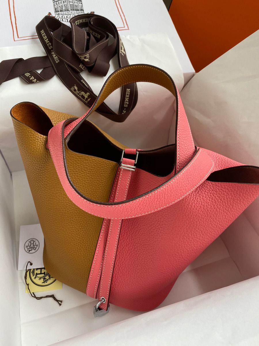 Hermes Picotin Lock 22 Bicolor Handmade Bag in Sesame and Rose Azalee Clemence Leather - Image 10