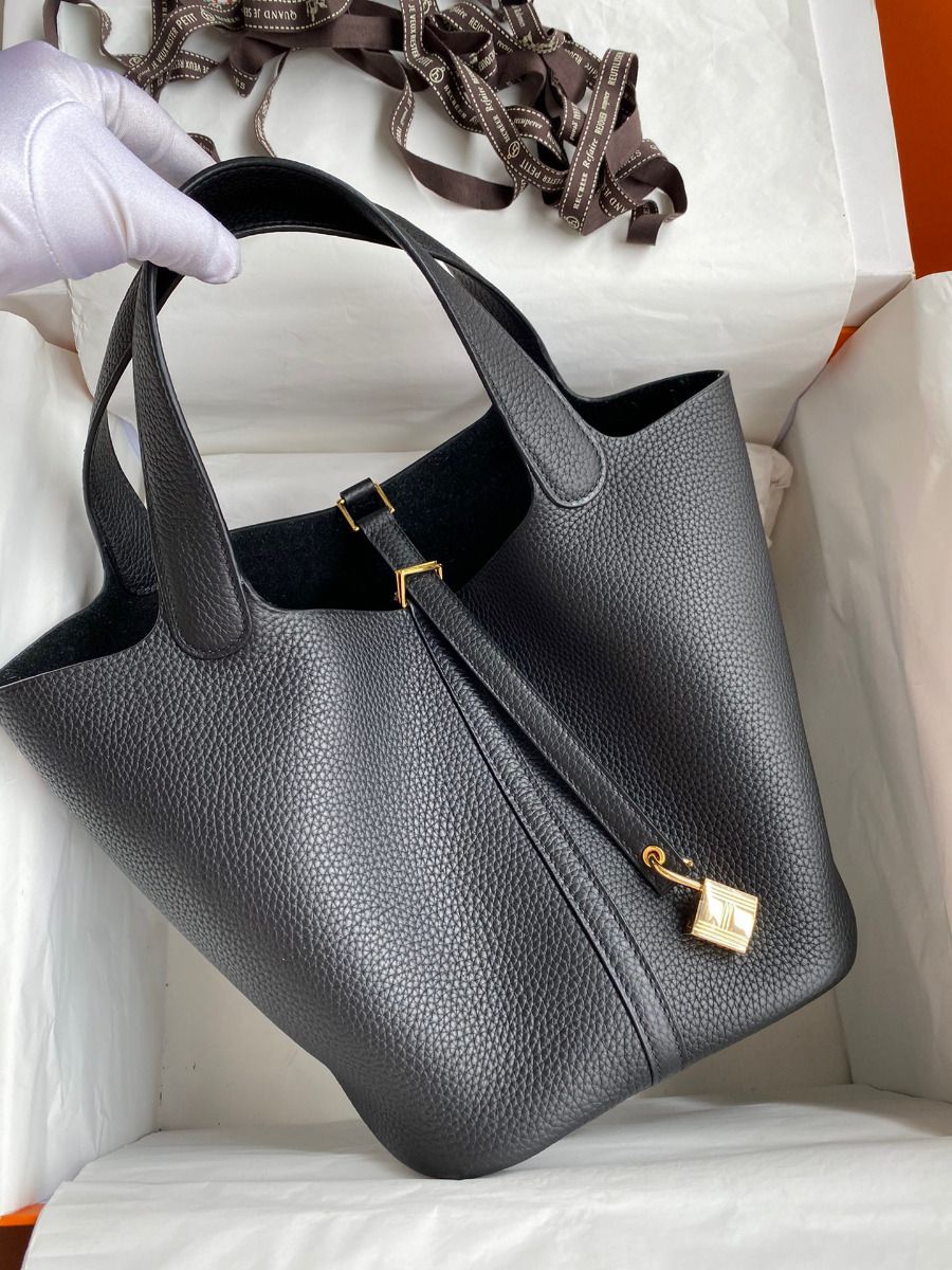 Hermes Picotin Lock 22 Handmade Bag in Black Clemence Leather - Image 3