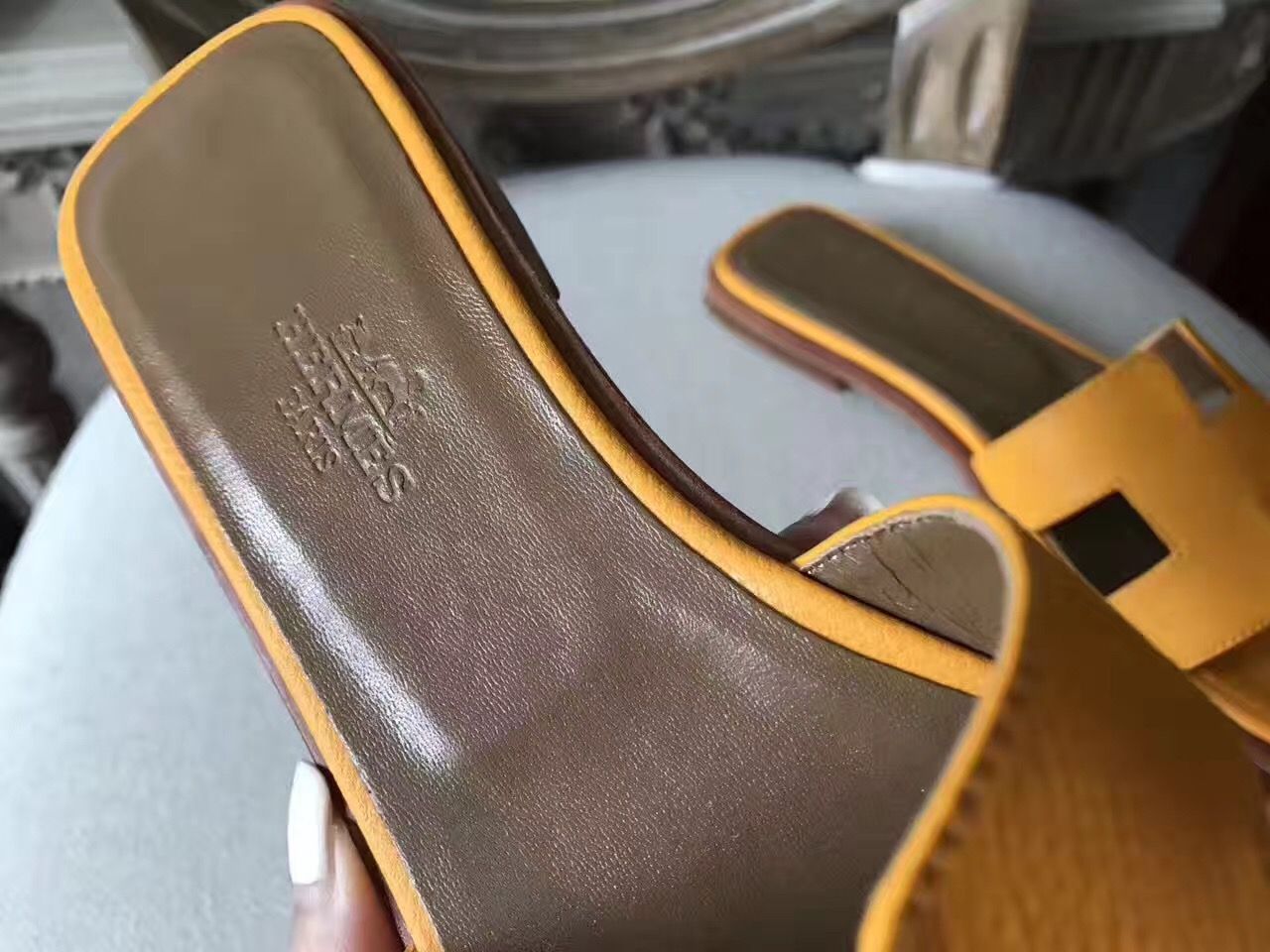 Hermes Oran Sandals In Jaune Epsom Leather - Image 9