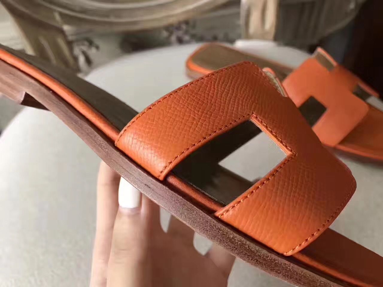 Hermes Oran Sandals In Orange Epsom Leather - Image 9