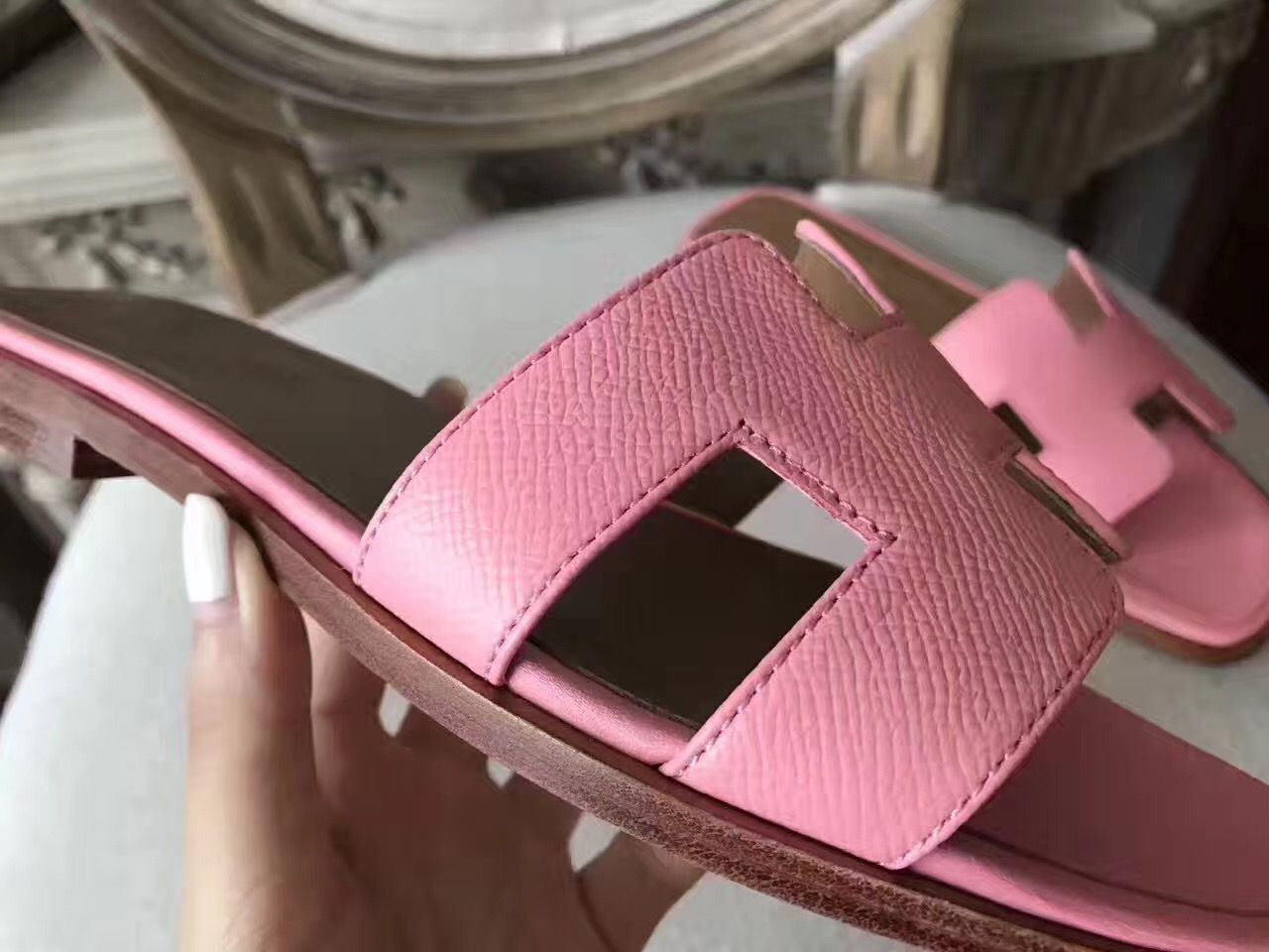 Hermes Oran Sandals In Pink Epsom Leather - Image 9