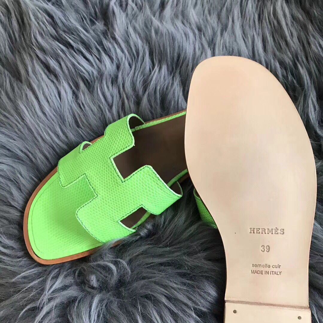 Hermes Oran Sandals In Apple Green Lizard Leather - Image 5