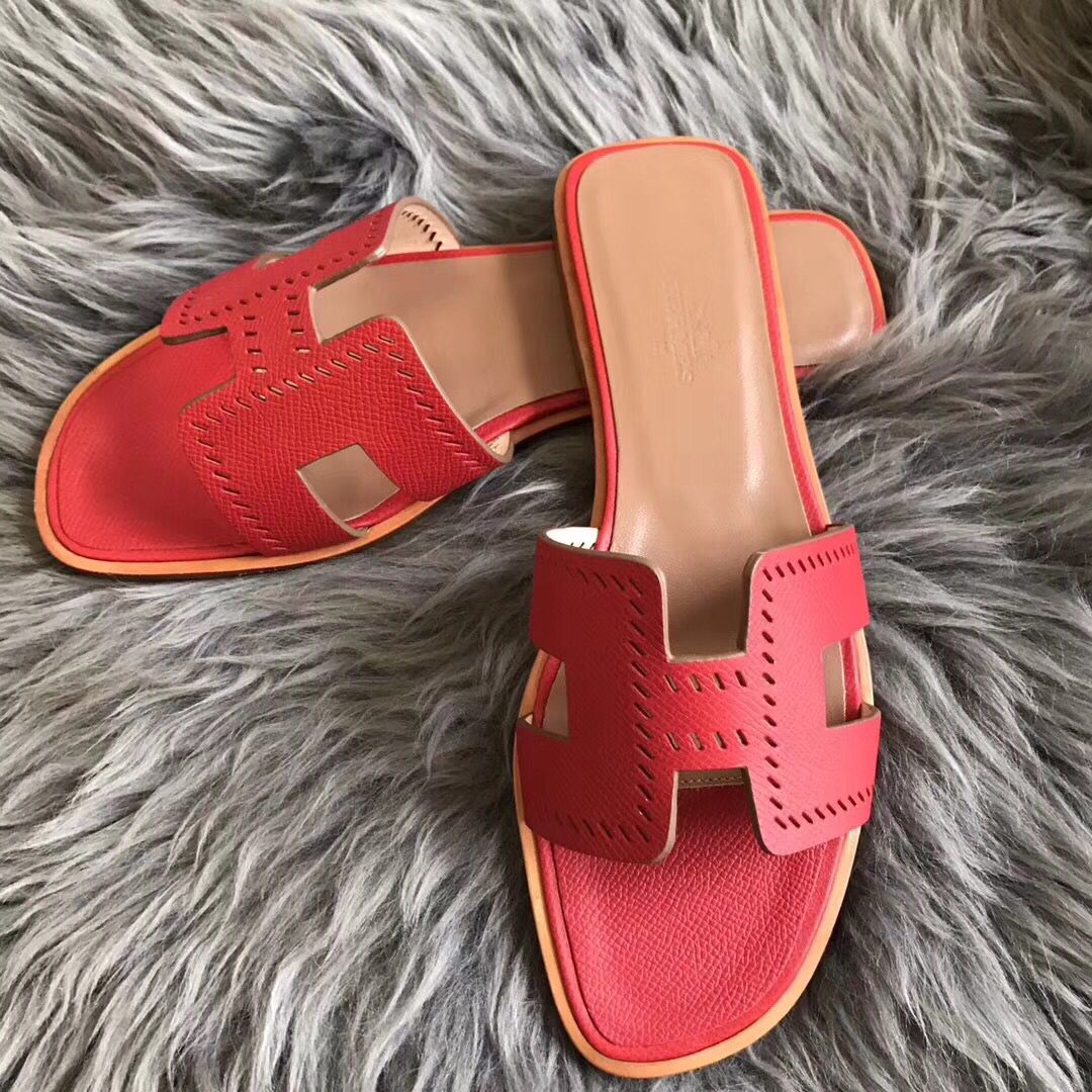 Hermes Oran Perforated Sandals In Red Epsom Leather - Image 4