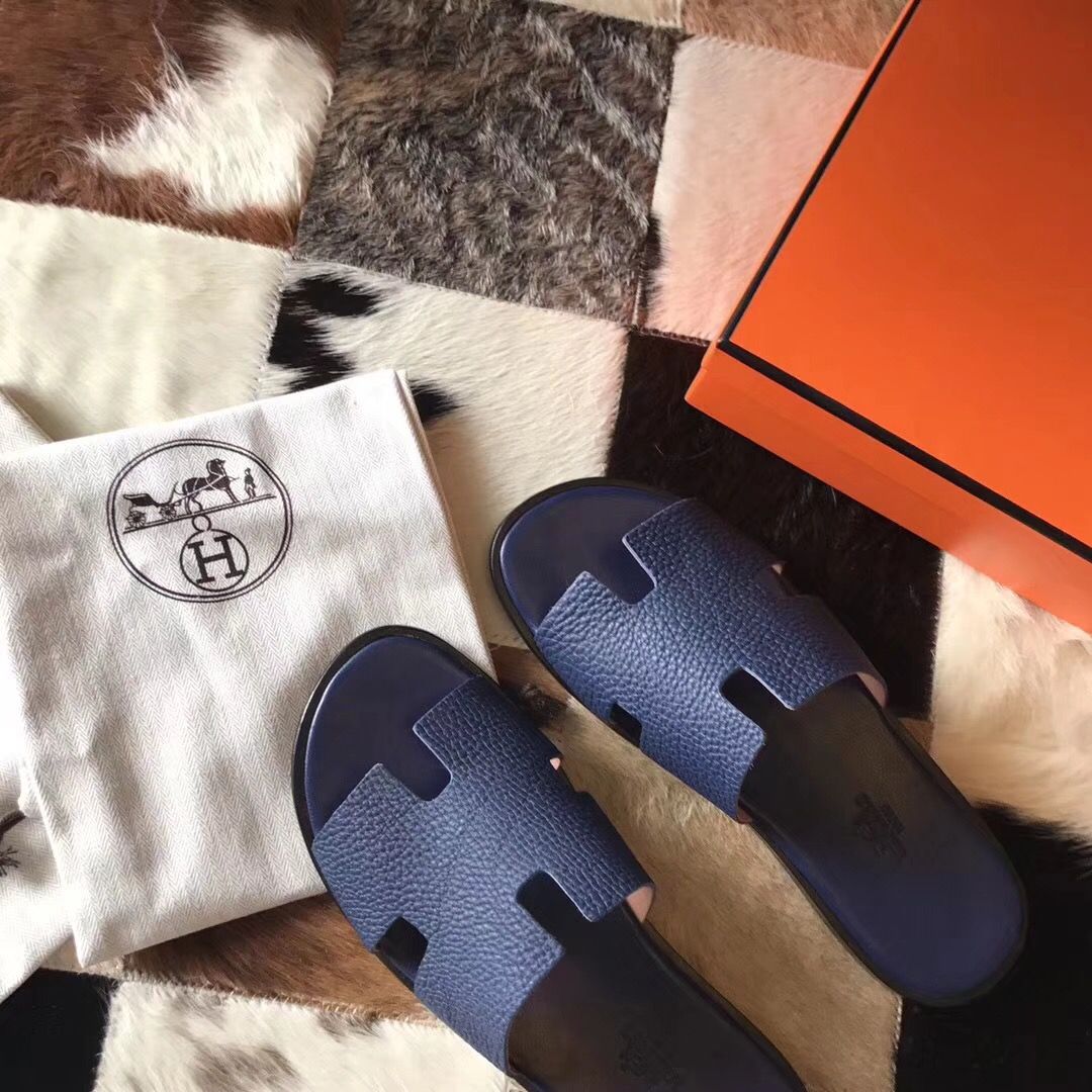 Hermes Izmir Sandals In Navy Blue Clemence Leather - Image 7