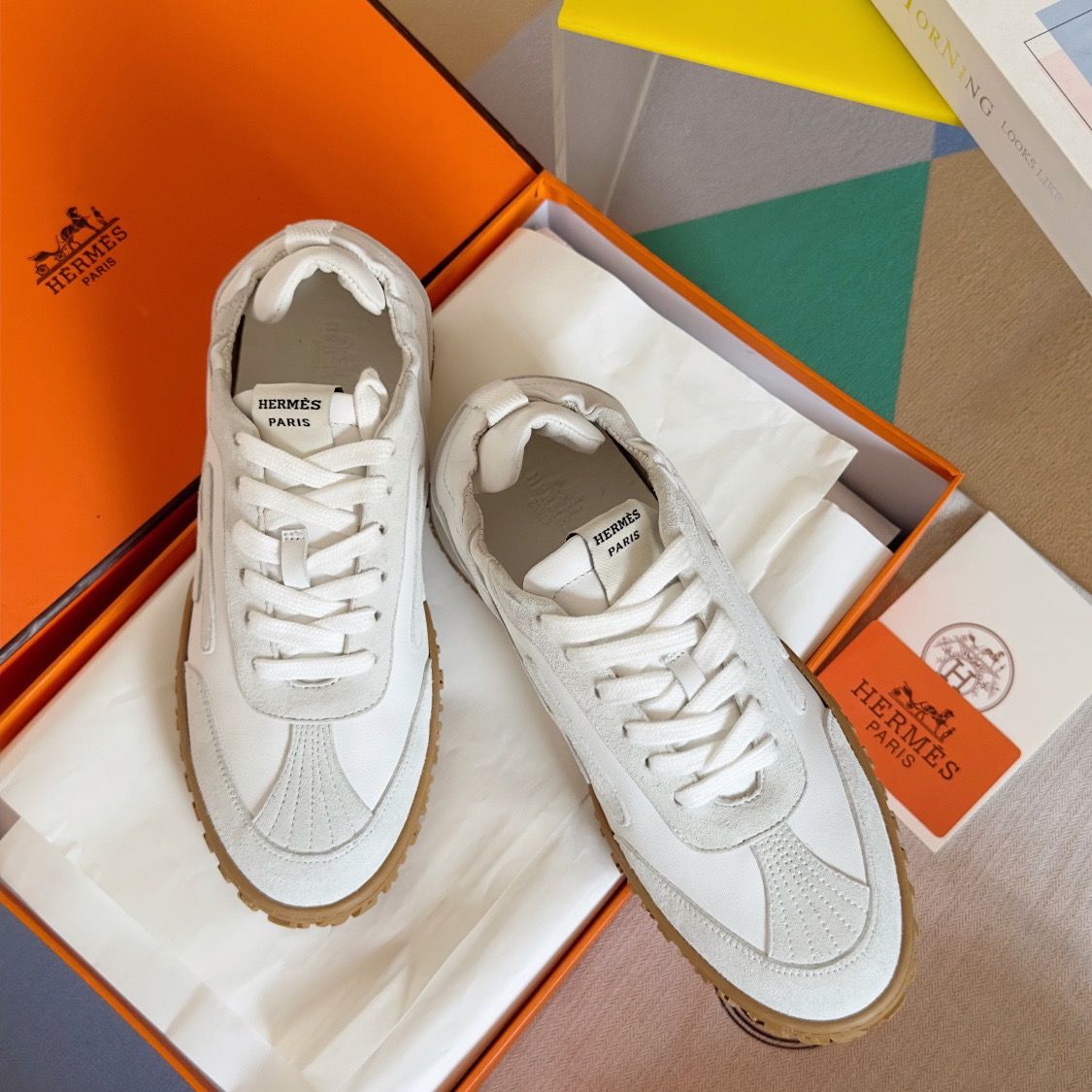 Hermes Men's Jet Sneakers in White Nappa Leather - Image 3