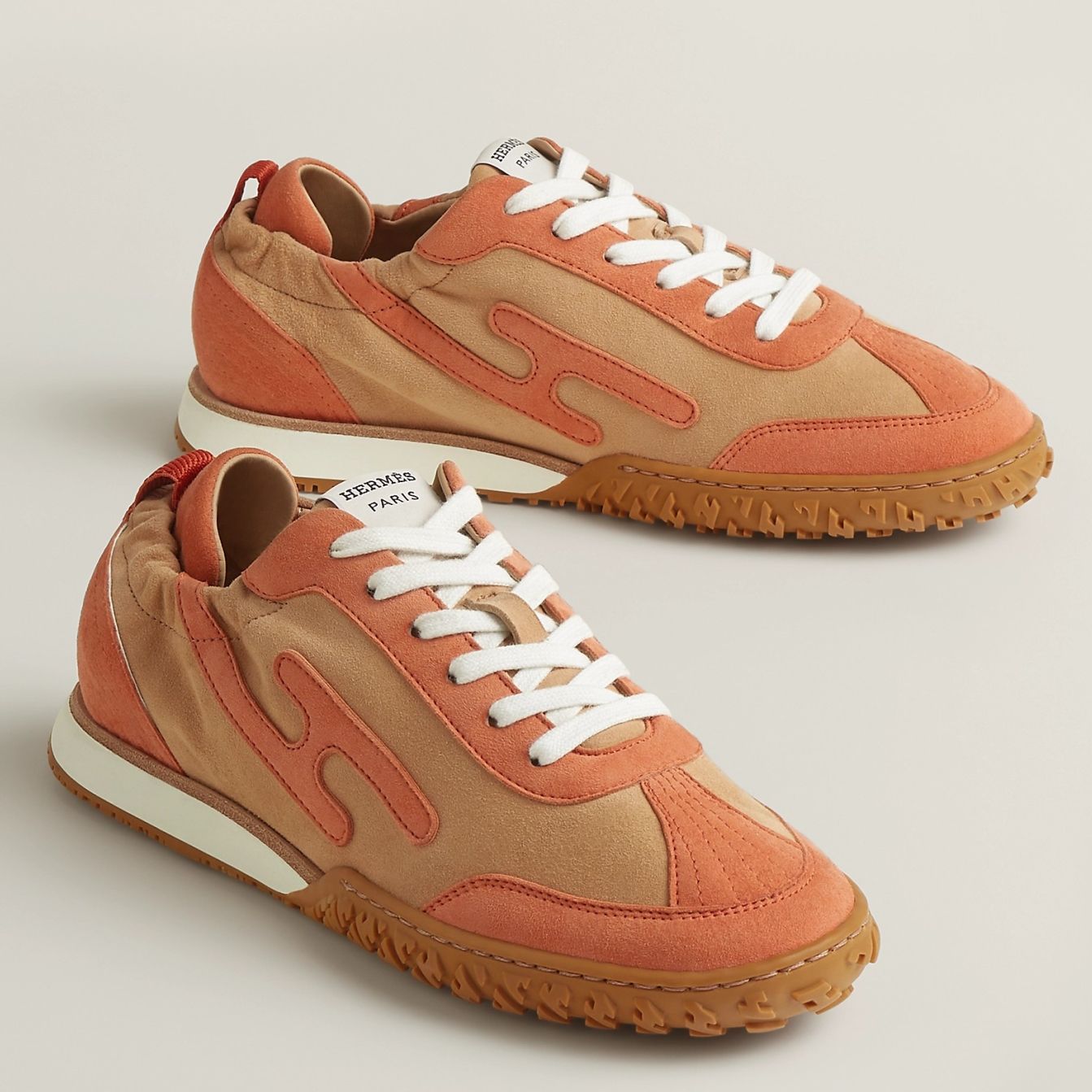 Hermes Men's Jet Sneakers in Beige/Orange Suede Leather