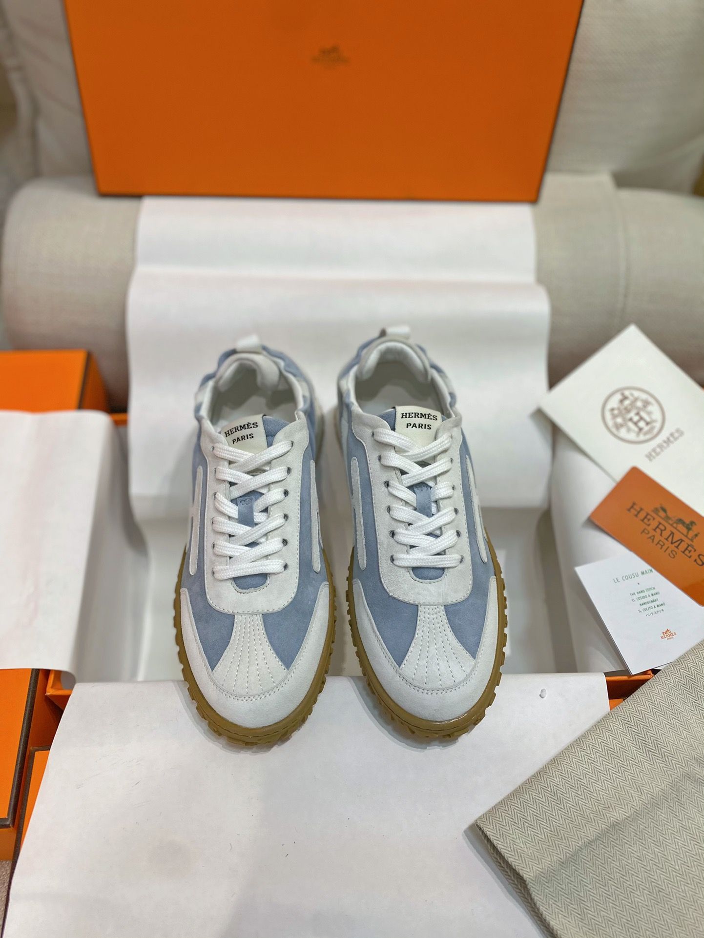 Hermes Men's Jet Sneakers in Blue/White Suede Leathe - Image 6