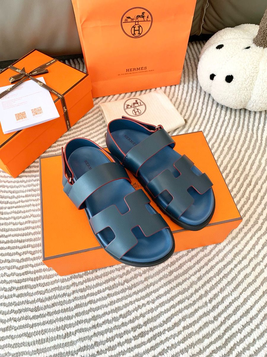 Hermes Men's Genius Sandals In Blue Calfskin - Image 3