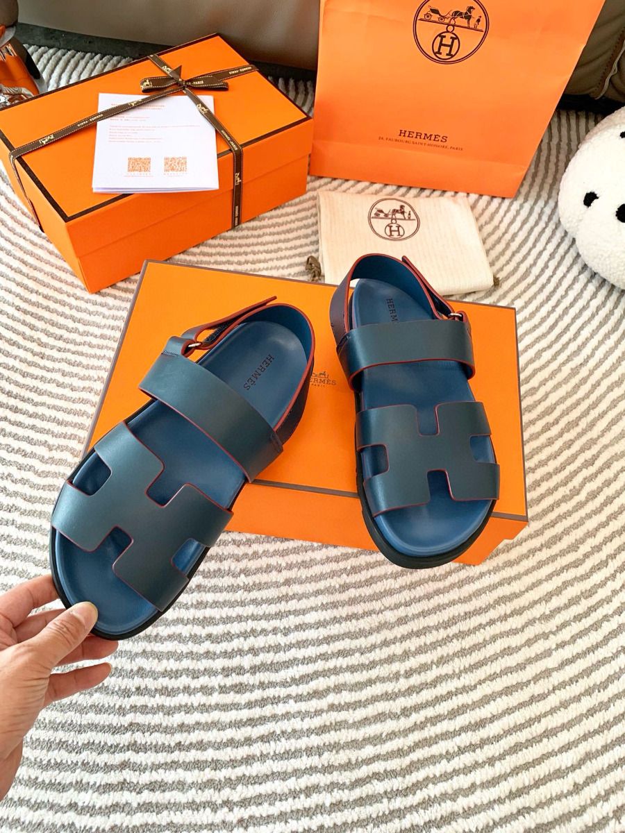 Hermes Men's Genius Sandals In Blue Calfskin - Image 4