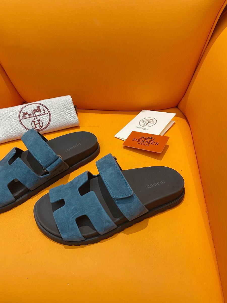 Hermes Men's Chypre Sandals in Blue Suede Calfskin - Image 7