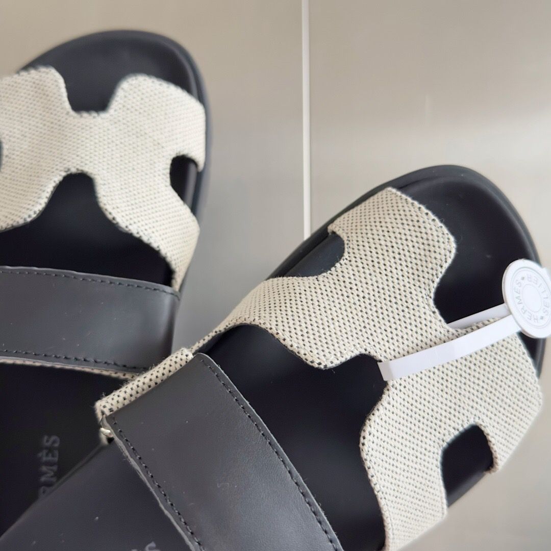 Hermes Men's Chypre Sandals In Canvas with Black Leather - Image 5