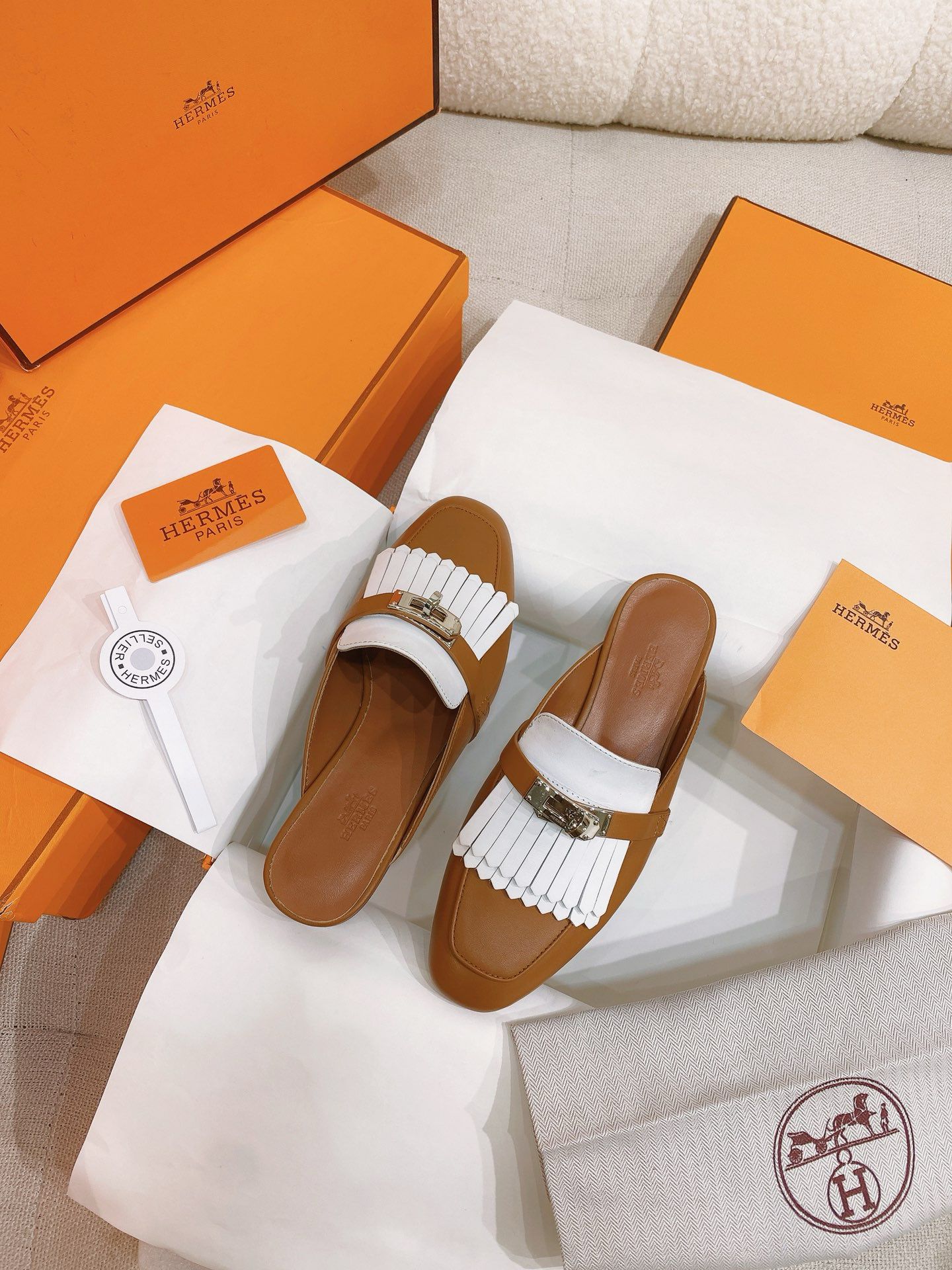 Hermes Women's Oz Mules with Fringed in Brown/White Leather - Image 6