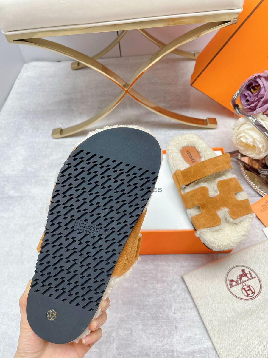 Hermes Women's Chypre Sandals in Tan Suede with Shearling - Image 9