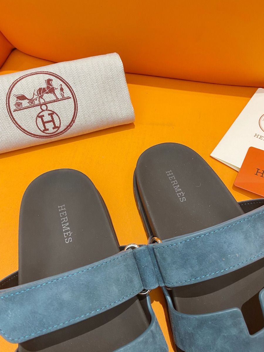 Hermes Women's Chypre Sandals In Blue Suede Calfskin - Image 6