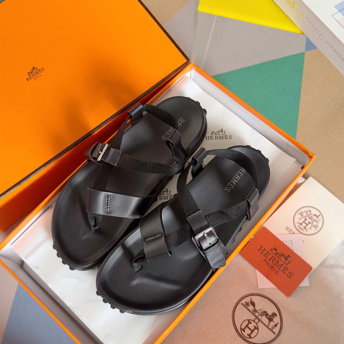 Hermes Inboard Sandals in Black Leather and Ribbon - Image 7