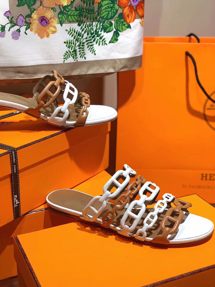 Hermes Thalassa Sandals In Brown/White Lambskin - Image 6