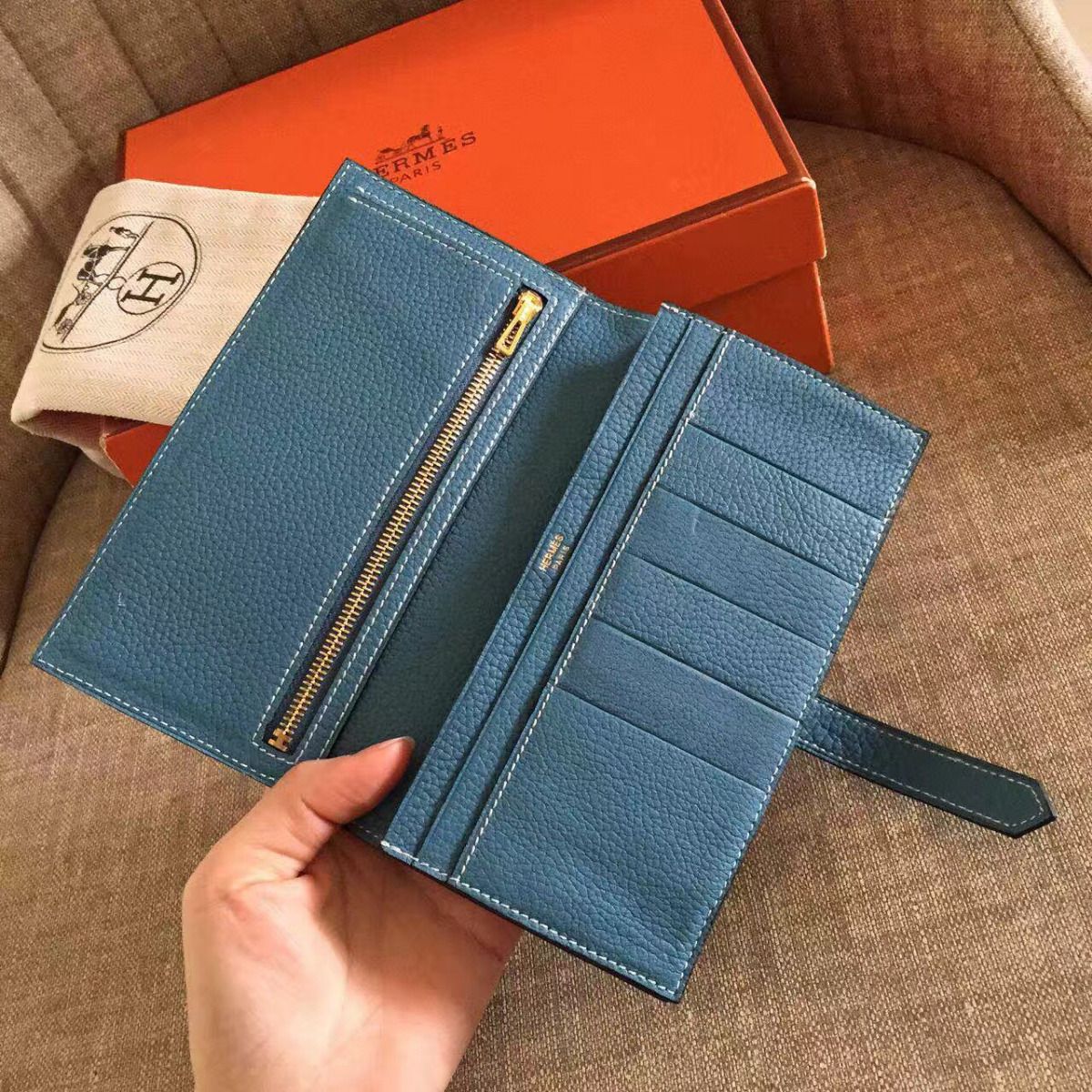 Hermes Blue Jean Clemence Bearn Gusset Wallet - Image 5